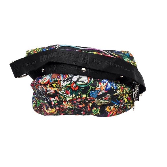 VTG Ed Hardy Tattoo Print Hobo Bag Shoulder Purse Love Kills Skull Heart Charm - Picture 6 of 9